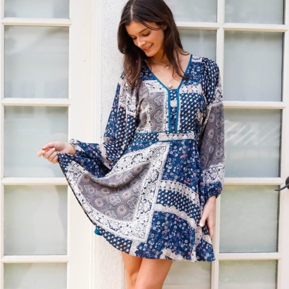 Boho Paisley Print Balloon Long Sleeve Mini Dress - Picture 1 of 4